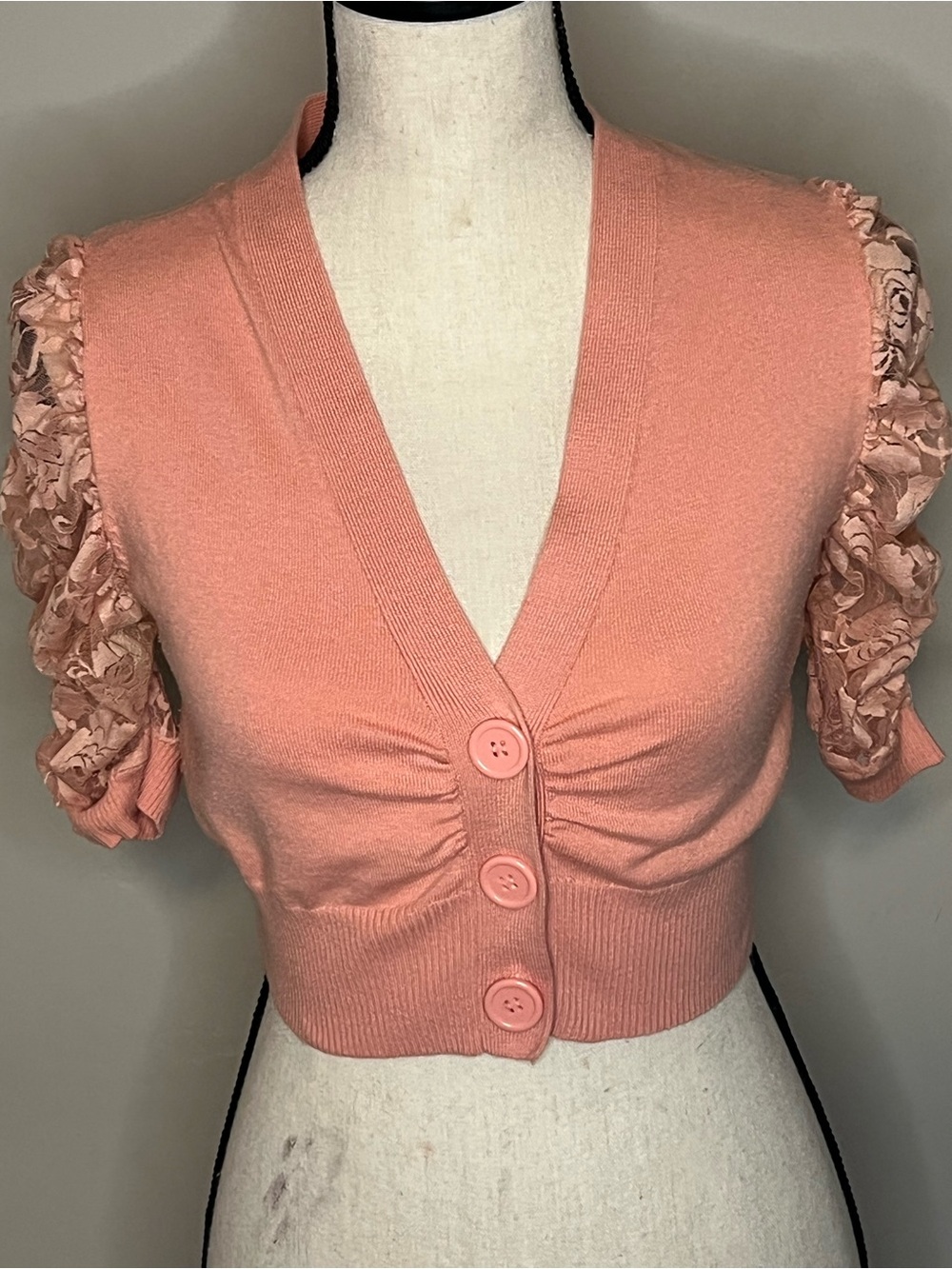 Takeout Peach Pink Cropped Button Cardigan with Ruffle Sleeves
